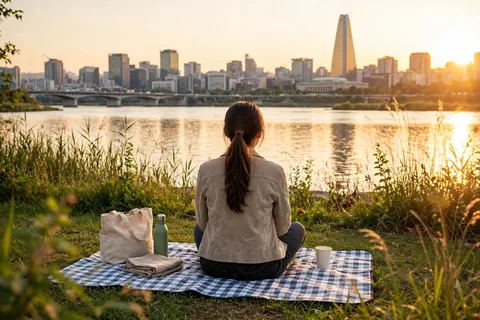 汝矣島の漢江公園。夕方の光の中、川を見て過ごす午後。