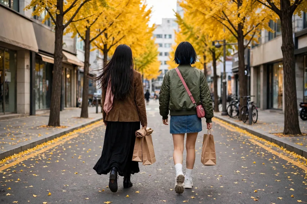 銀杏並木のショッピングストリートを歩く、買い物袋を持った二人