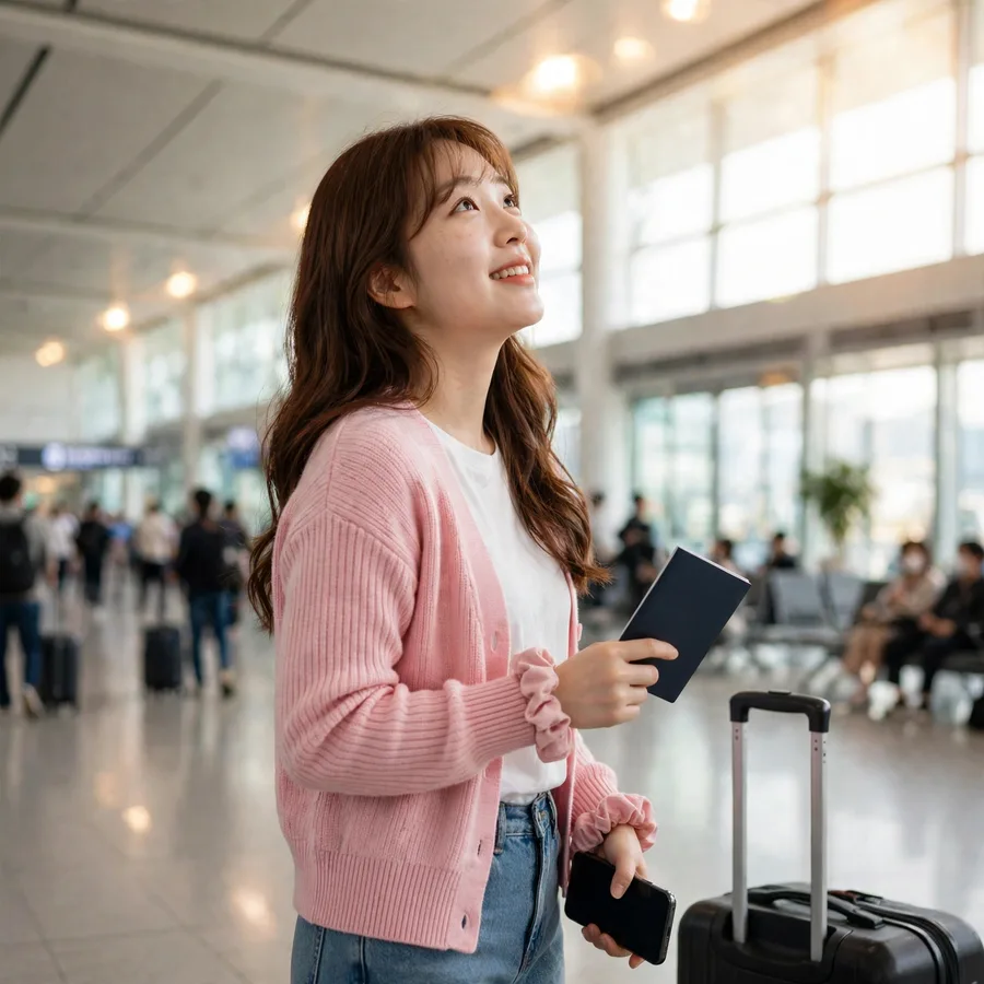 空港でパスポートとスマートフォンを手に持つ女性