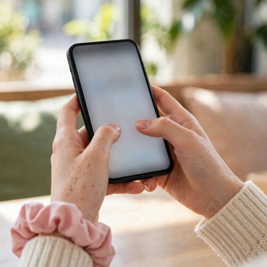 ソウルのカフェでスマートフォンを操作する手