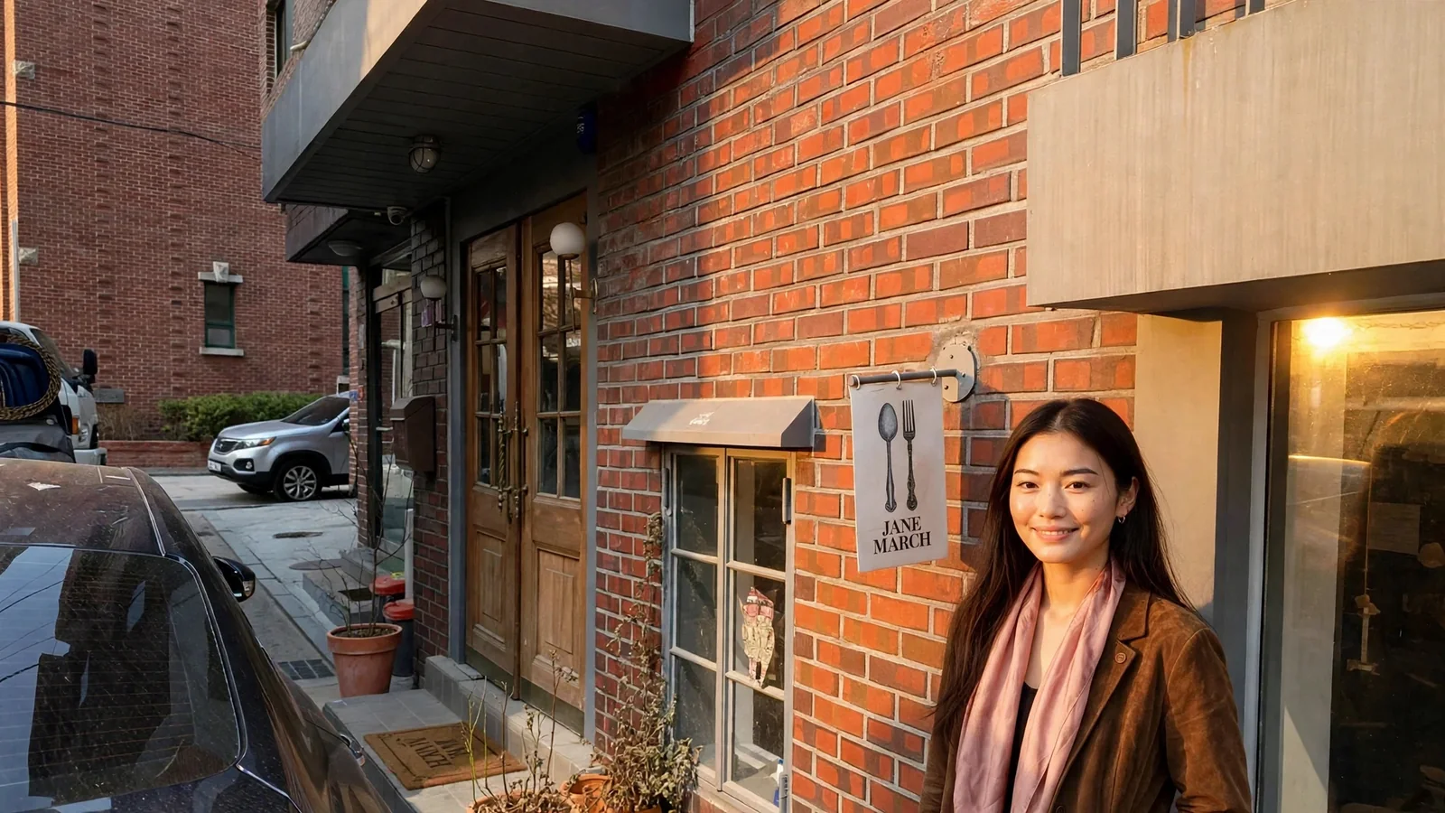 夕方のCafe Onionの前で立つユイ