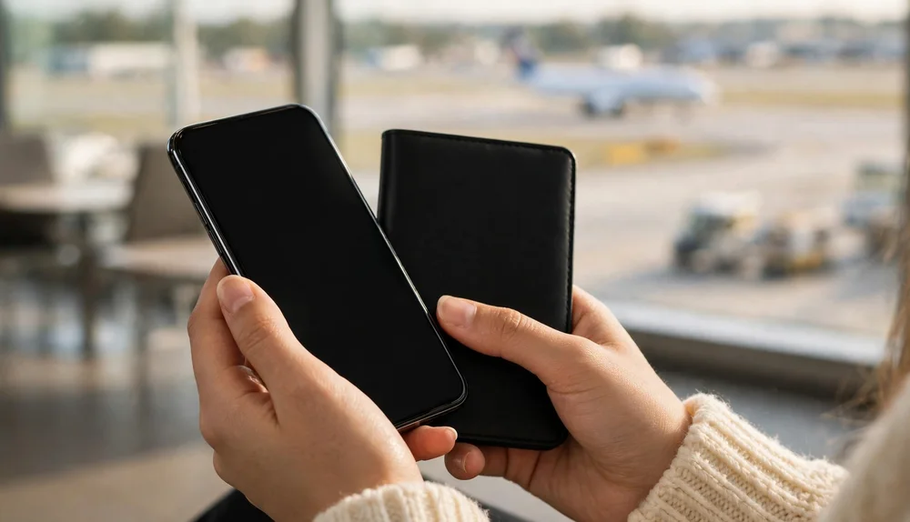 空港でパスポートとスマートフォンを手に持つ女性