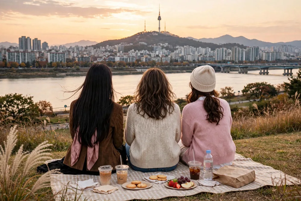 漢江でピクニックする3人の後ろ姿