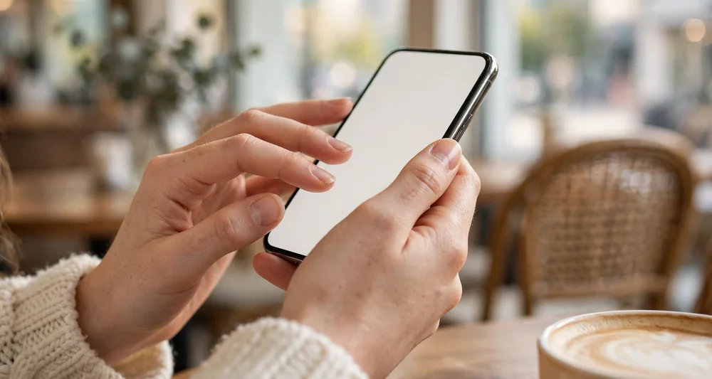 ソウルのカフェでスマートフォンを操作する手